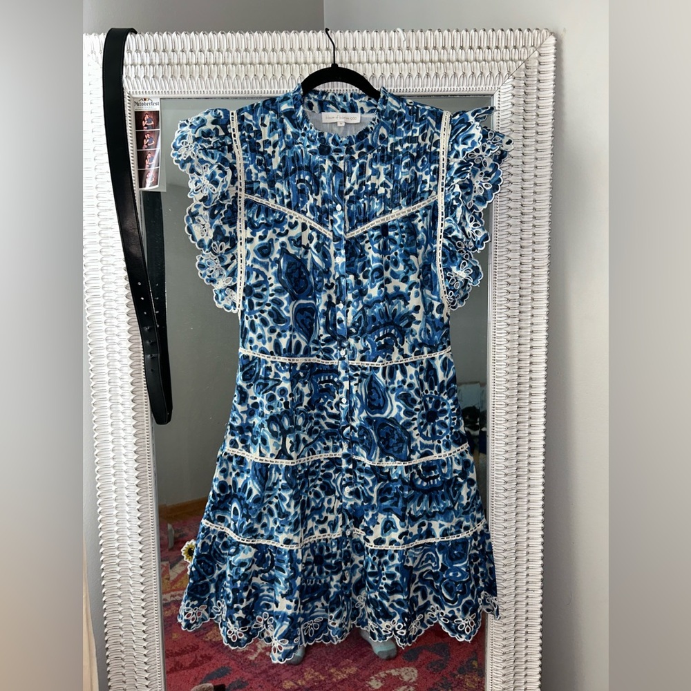 House of Harlow 1960 Melba Ruffle Blue Floral Eyelet Mini Dress Size M Cotton